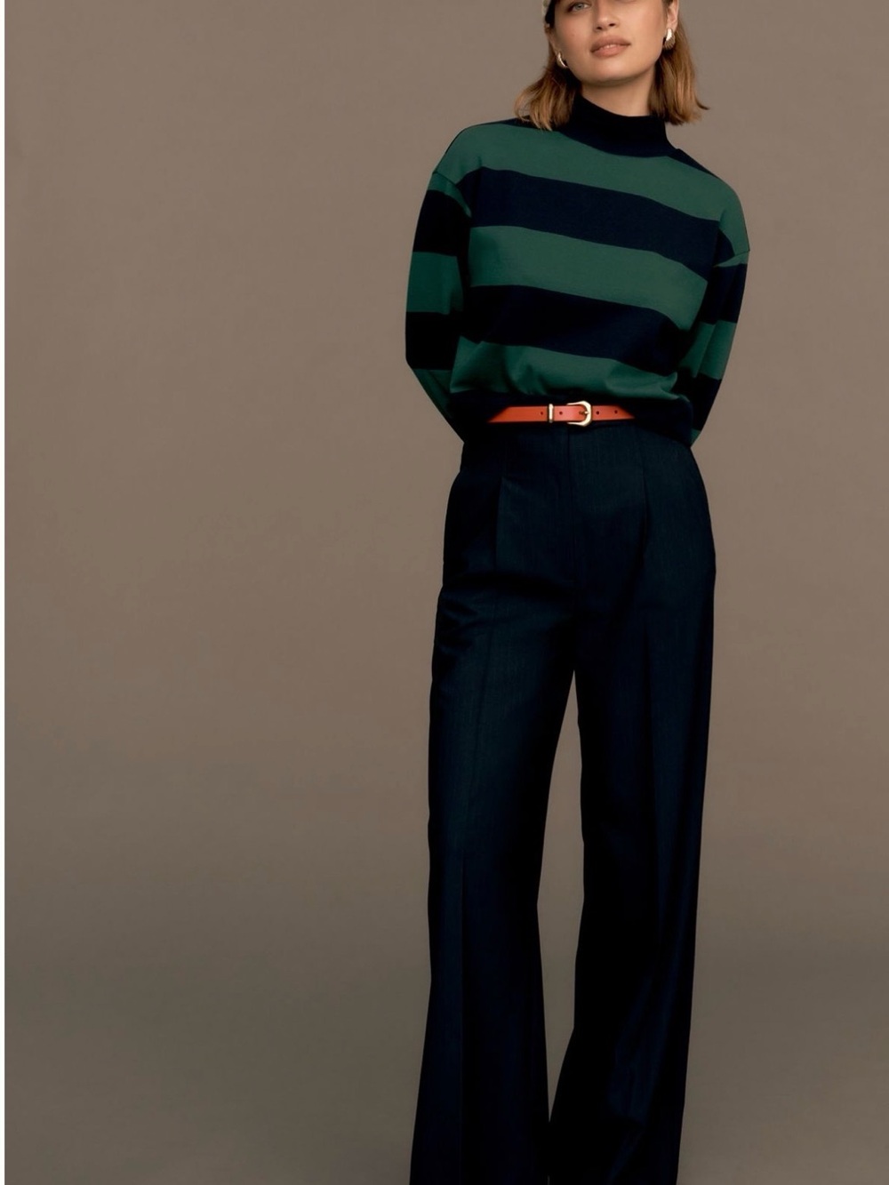 Anthropologie Green and Navy Striped Mock Neck Sweatshirt
